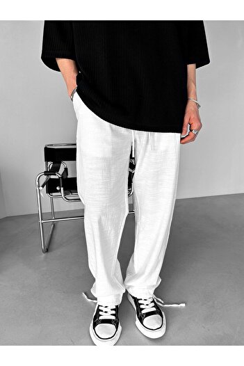 ablukaonline Men's Elastic Waist Summer Comfortable Fit Stretchy Cotton Linen Trousers White