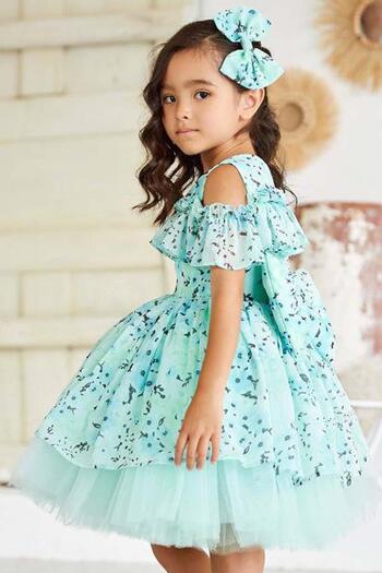 Riccotarz Green Off-the-Shoulder Ruffled Flower Detailed Girl's Evening Dress