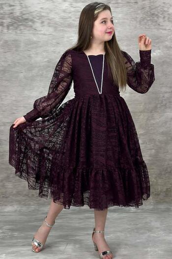 Riccotarz Girl's Plum Evening Dress with Transparent Sleeves, Pearl Beaded Neck and Ruffled Hem