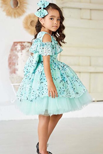 Riccotarz Green Off-the-Shoulder Ruffled Flower Detailed Girl's Evening Dress