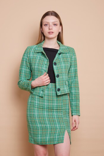 Jument Tweed Slit Detailed Above Knee Lined Pencil Skirt-green Plaid