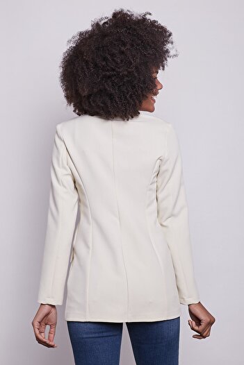 Jument Women's Button Detailed Long Sleeve Stylish Office Ornament Pocket Flap Fabric Blazer Jacket - Champagne