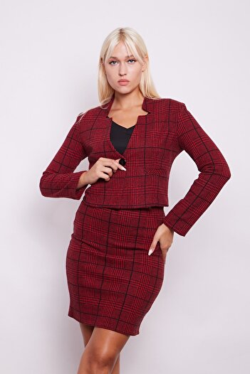 Jument Winter Woolen Fabric High Waist Above Knee Pencil Skirt-Burgundy Plaid