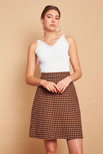 Jument Women's Tweed Fabric High Waist A-Line Skirt-Tan Houndstooth