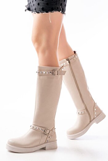 Aymood 02-307 Beige Flat Heeled Daily Riding Boots