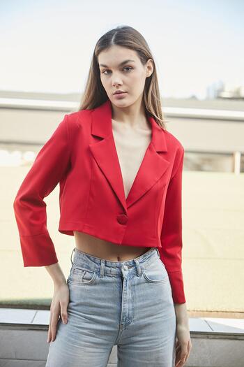 Jument Women's Double Breasted Wrap Lightweight Lycra Fabric Crop Short Blazer Jacket-Red