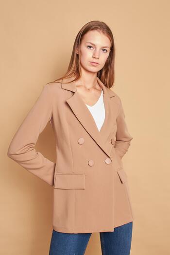 Jument Women's Button Detailed Long Sleeve Stylish Office Ornamental Pocket Flap Fabric Blazer Jacket - Beige