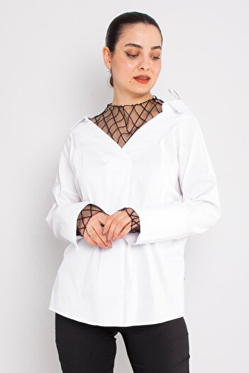 AYHAN 50284 Mesh Detail Cotton Long Sleeve Shirt
