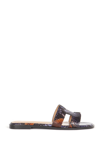Dericlub Navy Blue Women's Slippers - Snake Print, Genuine Leather, Flat Sole041031
