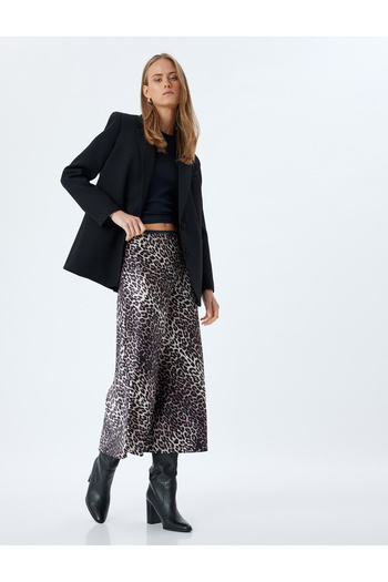 Koton Leopard Patterned Satin Midi Skirt - A-line, Standard Waist