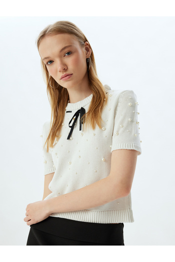Koton Pearl Detailed Bow Short Sleeve Crew NecK Sweater