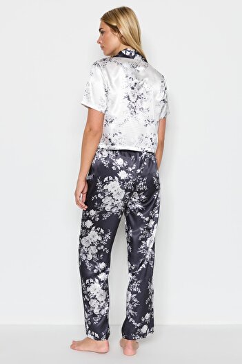 C&City Kadın Saten Crop Gömlek Pantolon Pijama Takımı 9066 Beyaz/siyah