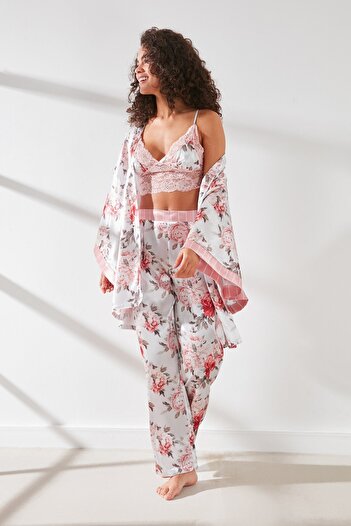 C&City Pantolonlu Bralet Sabahlık 3 Lü Saten Pijama Takım 9064 Pembe/ekru