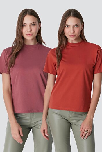 C&City Stand Collar Short Sleeve 2-Piece T-Shirt - 957 Brick/Dried Rose
