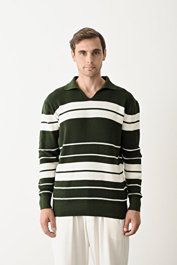 İLKCET MODA V-Neck Premium Striped Knitwear Men's Sweater