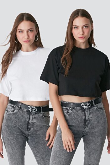 C&City Crew Neck Black/White Crop T-Shirt 959 - Pack of 2