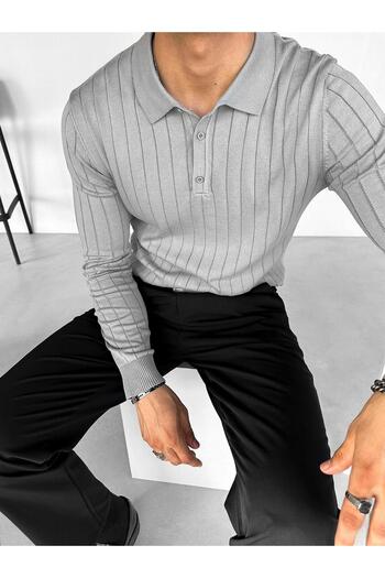 ablukaonline Men's Polo Collar Buttoned Ribbed Knitwear Sweater Gray