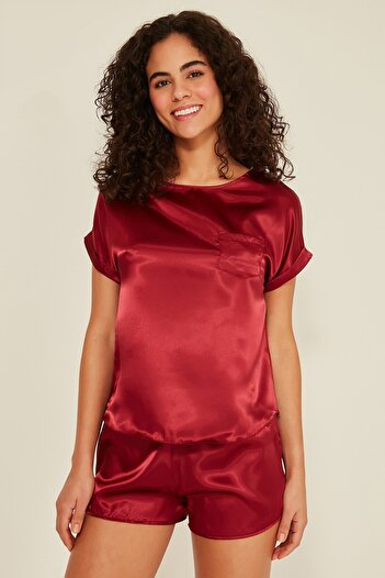 C&City 080 Kadın Saten T-shirt Şort Takım Bordo