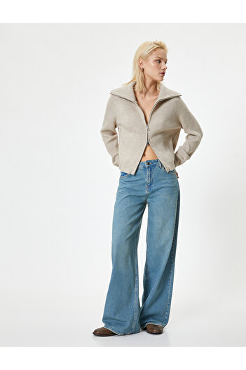 Koton Double Sided Zippered Knitwear Cardigan - Stand Collar Camisole Ribbed
