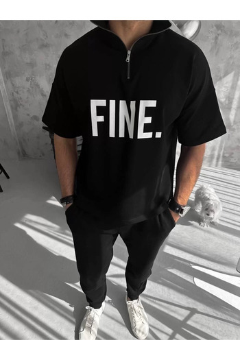 LUMİART Melenza Unisex Printed Half Zip T-Shirt - Black