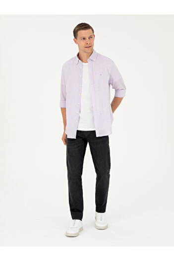 Cacharel Lila Slim Fit Keten Karışımlı Gömlek 50266184-VR034
