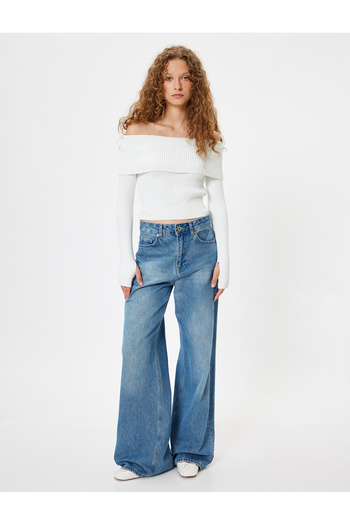 Koton Madonna Collar Off-The-Shoulder Sweater Long Sleeve Slim Fit Textured