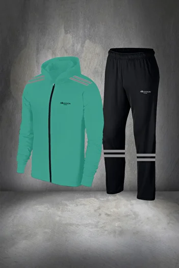 POSEIDON STORM Water Green Large Size Men's Tracksuit Top and Bottom Set - Comfortable Zippered, Hooded 4-1