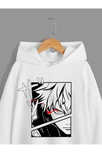 PENTHİLUS Λευκό Oversize Hooded Anime Φούτερ - εμπρός εμπριμέ φούτερ