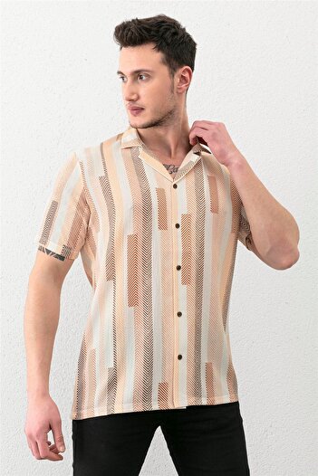 Valiberta Beige Men's Bowling Collar Short Sleeve Regular Fit Shirt