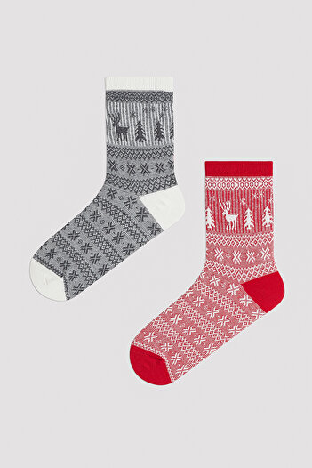 Penti New Year Deer Snowflake Gri 2li Soket Çorap