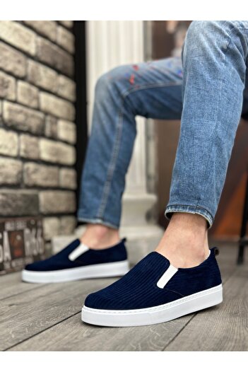 BOA BA0339 Velvet Navy Blue White Sole Casual Men's Shoes - Laceless