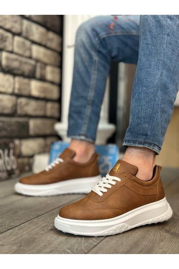 BOA BOA BA0327 - Tan and White Thick High-Sole Lace-Up Men's Sneakers