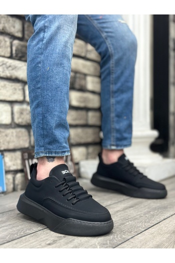 BOA BA0332 Men's Sports Shoes - Ladder Pattern, Lace-up, High Sole, Black Leather