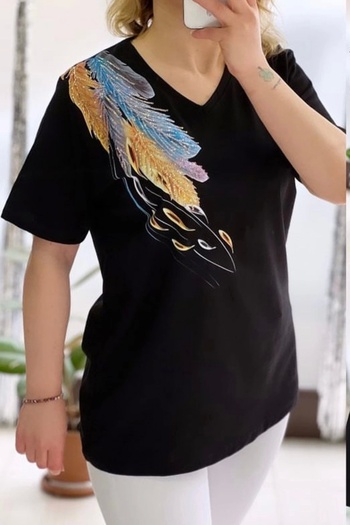 Bİ.GİYSEN Black V-Neck Embroidered Cotton Women's Blouse - Shoulder Leaf Embroidered