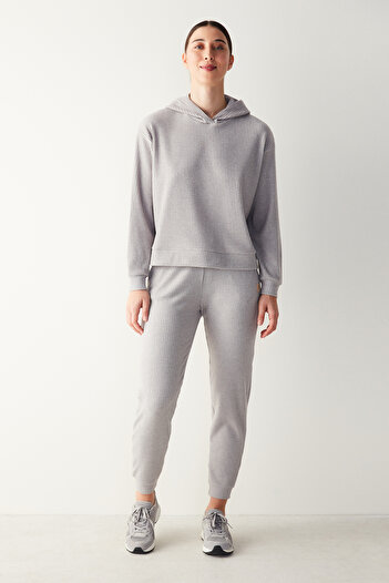 Penti Ribbed Soft Hooded Gray Melange Sweatshirt