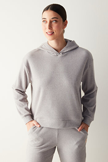 Penti Ribbed Soft Hooded Gray Melange Sweatshirt