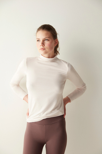 Penti Ecru Half Turtleneck Soft Textured Basic Long Sleeve Top