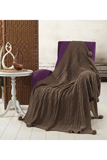 DOUX HOME Sevda Brand Knitwear Tv Blanket - 10 Pompoms, 130X170, Milky Brown Color