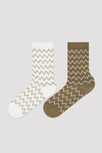 Penti White Brown Zigzag Patterned 2-Piece Socks
