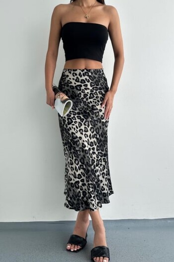 Hisleria Leopard Pattern Viscose Satin Fabric Midi Skirt - Anthracite Skirt