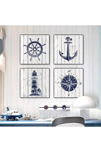 Linacci Set de patru tablouri din sticlă cu poster cu lanternă cu cârmă de mare din metal negru