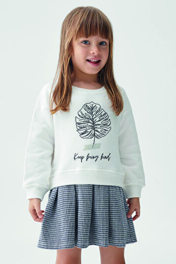 MYADA Kind Printed Sweatshirt and Plaid Check Skirt Set - 22701