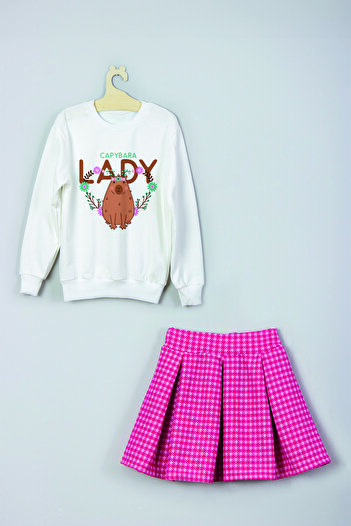 MYADA Capybara Lady Printed Sweatshirt Plaid Check Skirt Set 22994