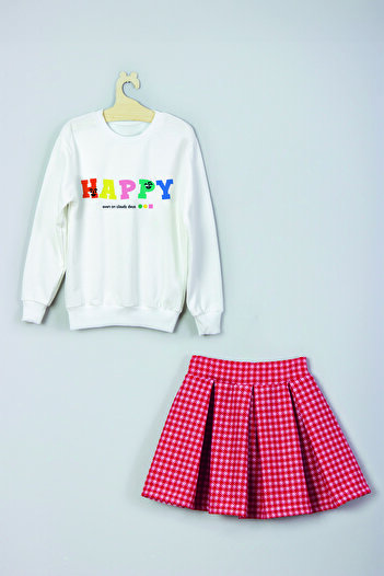 MYADA Cloudy Days Happy Sweatshirt and Plaid Check Skirt Set - 22901