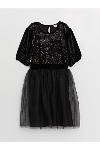 LC Waikiki Lcw Crew Neck Sequin Embroidered Girl's Dress