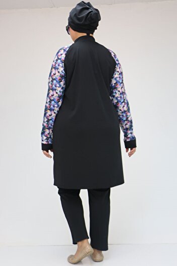 Eslina 1732 Model - Large Size Blue Floral Patterned Turtleneck Hijab Swimsuit