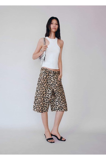 MANGO Woman Denim Bermuda Shorts with Leopard Print