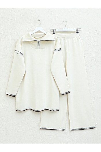 Modamorfo Striped Half Zipper Knitwear Set with Skirts and Sleeves -Cream
