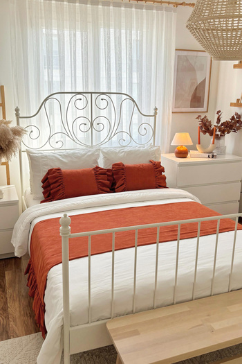 RİTMOHOME Bed Runner & Inner Filled Throw Pillow Set Double Size Frilly Cinnamon, Tile, Dowry, Bed Cover