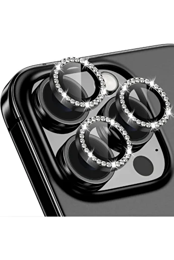 KVK PRİVACY Rhinestone Lens Camera Protection for iPhone 16 Pro/16 Promax - Tempered and Compatible Black